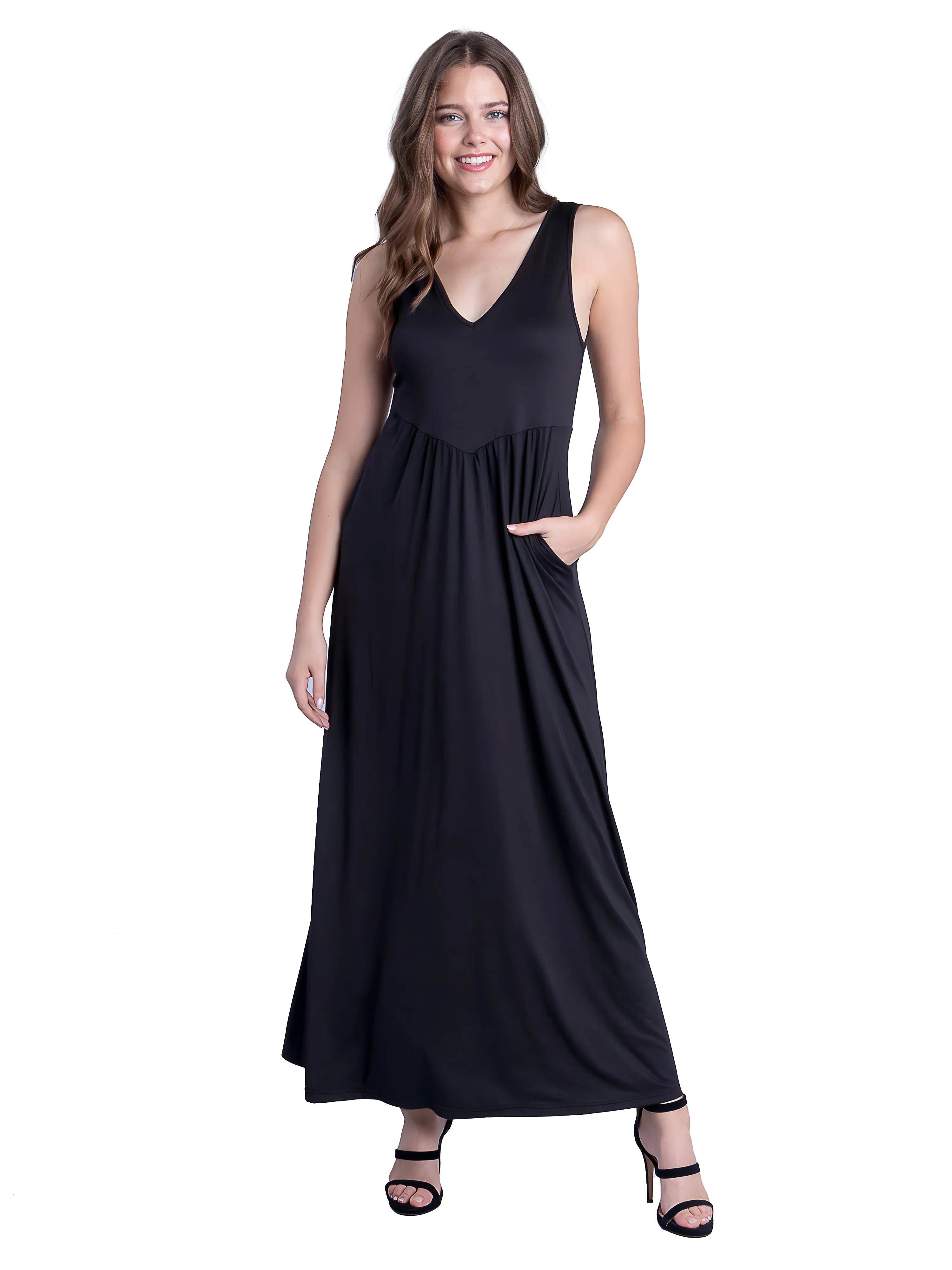 Sleeveless V Neck Maxi Dress with Pocket Detail