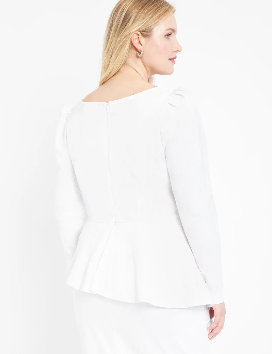 Square Neck Puff Sleeve Dress With Peplum in Soft White