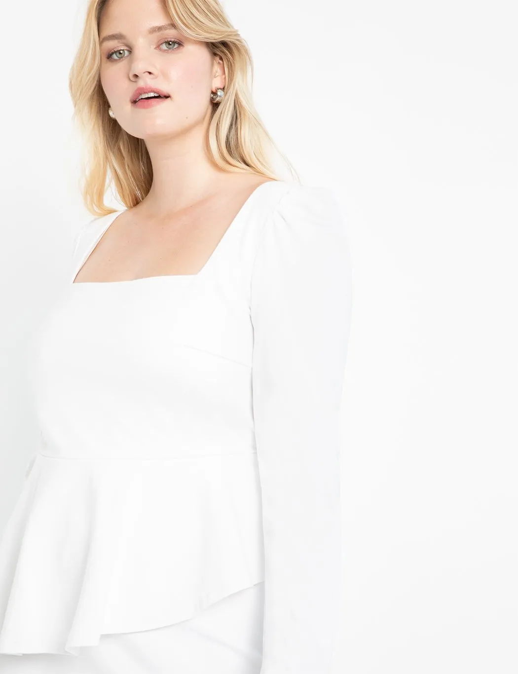 Square Neck Puff Sleeve Dress With Peplum in Soft White