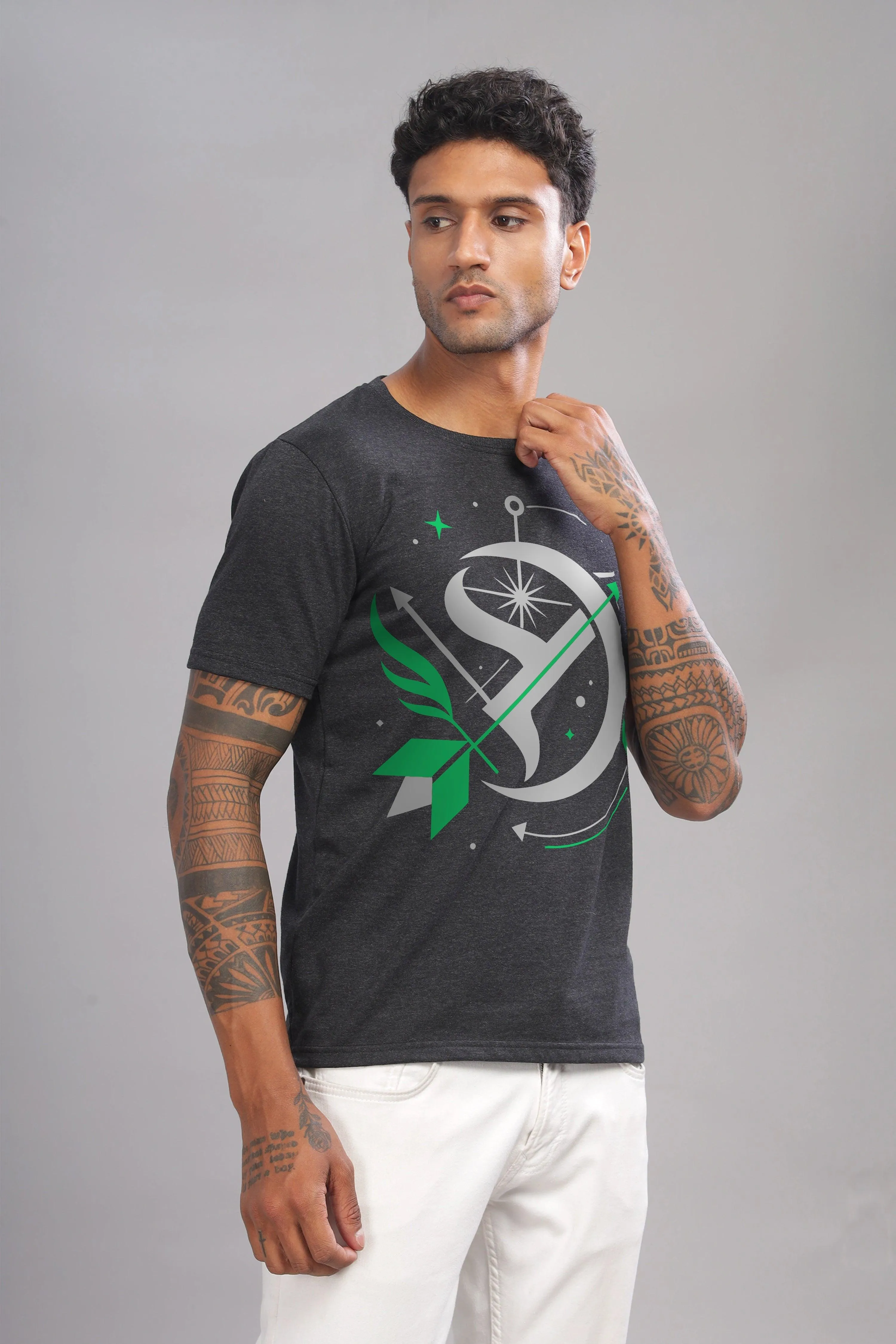 Starry Sagittarian Charcoal Half Sleeve Printed Round Neck T-Shirt