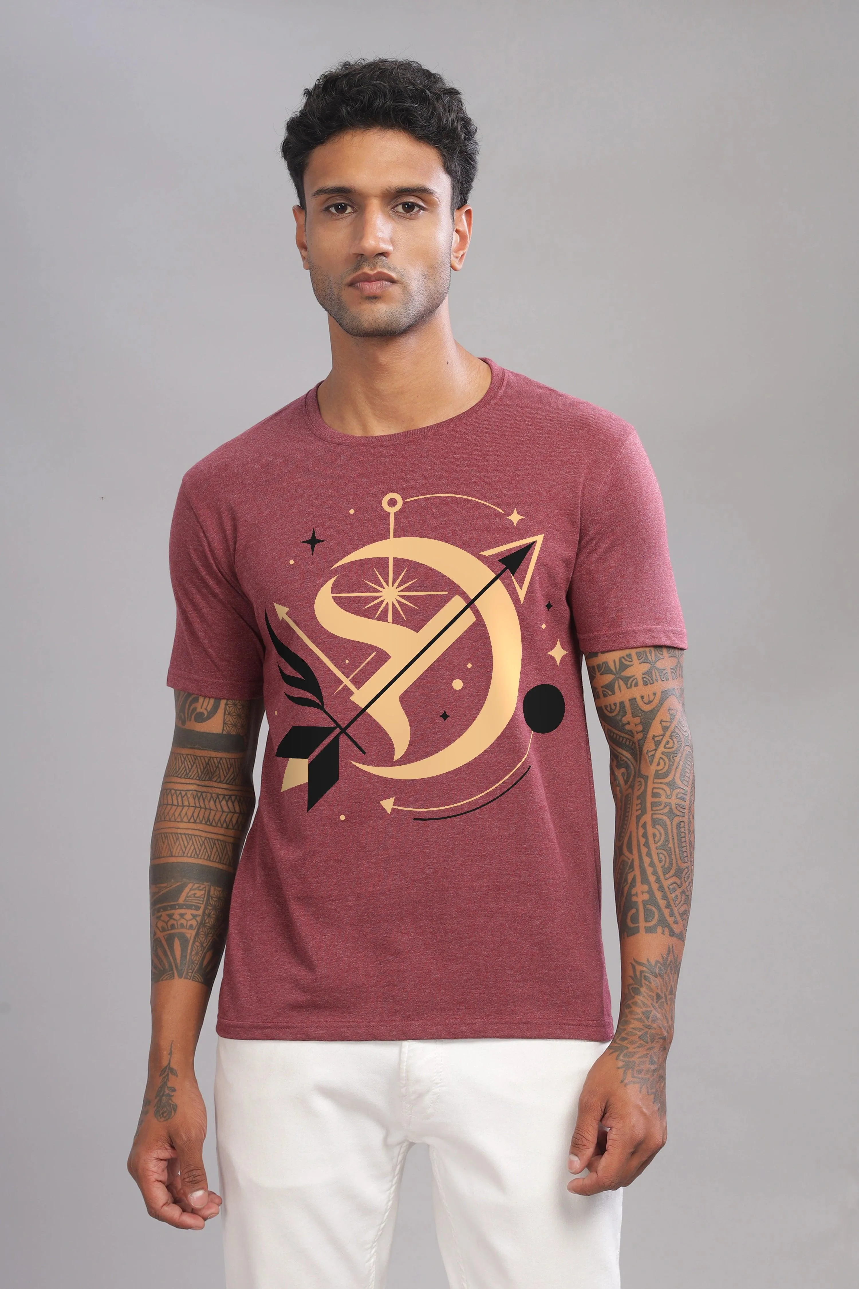 Starry Sagittarian Maroon Half Sleeve Printed Round Neck T-Shirt