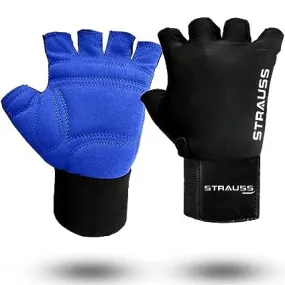 STRAUSS Suede Gym Gloves for Weightlifting, Cycling, Exercise & Gym | Full Palm Protection & Extra Durability with Suede Cushion Pads | Fingerless Gloves for Men and Women | Size: Large, (Blue/Black)