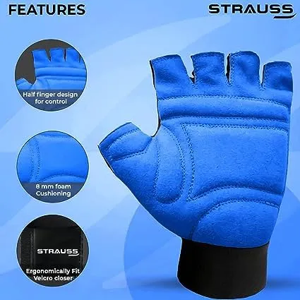 STRAUSS Suede Gym Gloves for Weightlifting, Cycling, Exercise & Gym | Full Palm Protection & Extra Durability with Suede Cushion Pads | Fingerless Gloves for Men and Women | Size: Small, (Blue/Black)