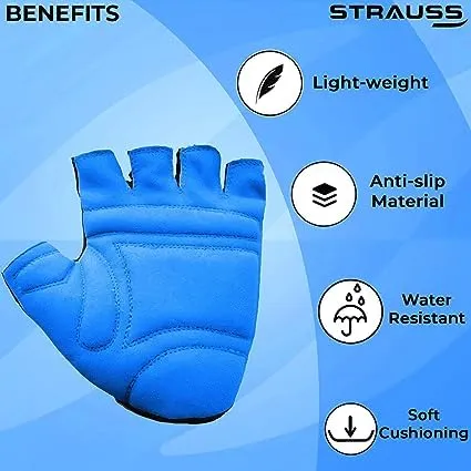 STRAUSS Suede Gym Gloves for Weightlifting, Cycling, Exercise & Gym | Full Palm Protection & Extra Durability with Suede Cushion Pads | Fingerless Gloves for Men and Women | Size: Small, (Blue/Black)