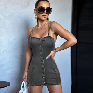 Stretch Denim Dress Single Breasted Corset Sexy Sling Denim Distressed Short Hip Dress