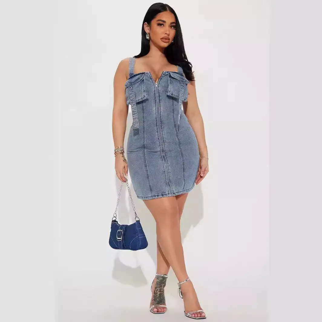 Stretch Denim Stitching Dress Shoulder Strap Buckle Regulator