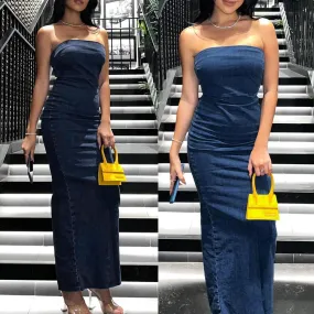 TAVIMART  -  Slim Fit Off Shoulder Backless Denim Dress Zipper Closure Ladies Bodycon Dress Strapless Maxi Dress Casual Style Vacation Outfit