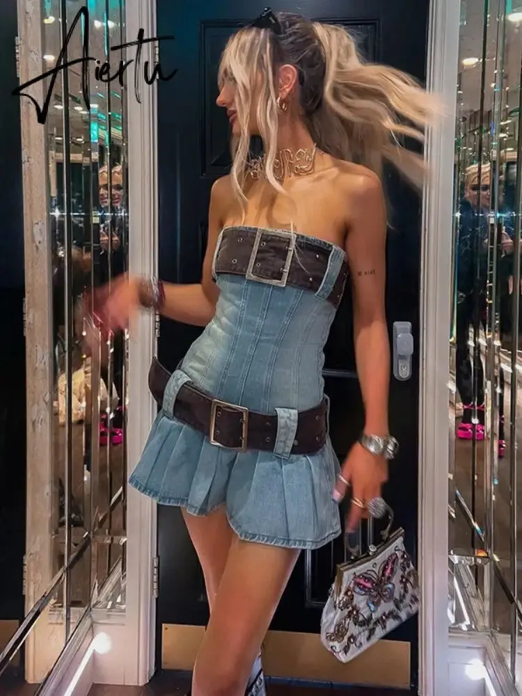 Vintage Y2k Strapless Denim Dress Women Summer Bodycon Sexy Korean Fashion Kpop Belt Pleated Mini Dress 2000s Streetwear