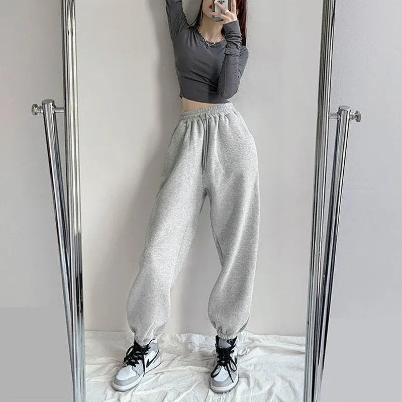 Wenkouban Harajuku Winter Warm Gray Joggers Sports Pants Women Korean Fashion Fleece Velvet Oversize Black Jogging Sweatpants Baggy