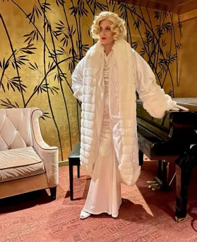 White Velboa Satin & Faux Fur Reversible Gatsby Inspired Cocoon Maxi Coat