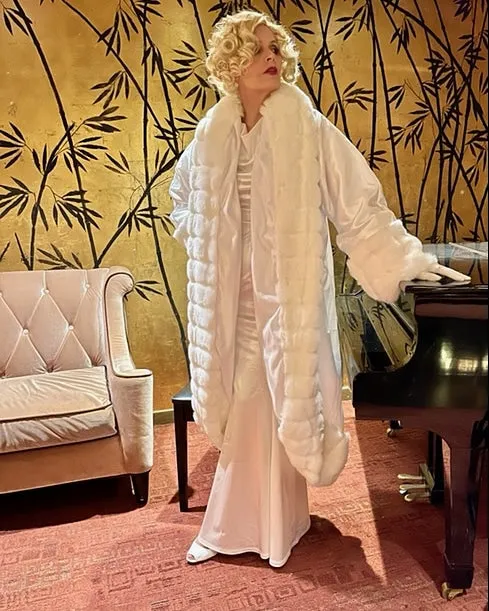 White Velboa Satin & Faux Fur Reversible Gatsby Inspired Cocoon Maxi Coat