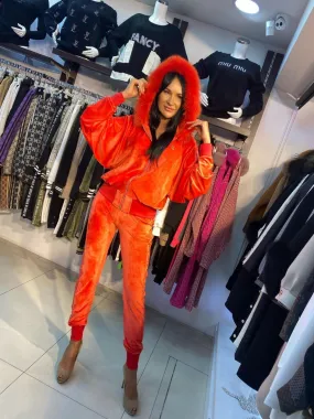 Women  Fashion Tracksuit Red royal velour with crystals and real fur on the hood. Top Quality Gorgeous Ladies 2 piece tracksuit.