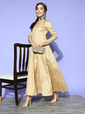 Women Gold Chanderi Foil Anarkali Maxi Dress