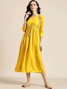 Women Yellow Zari Embroidered Liva Dress With Jacket