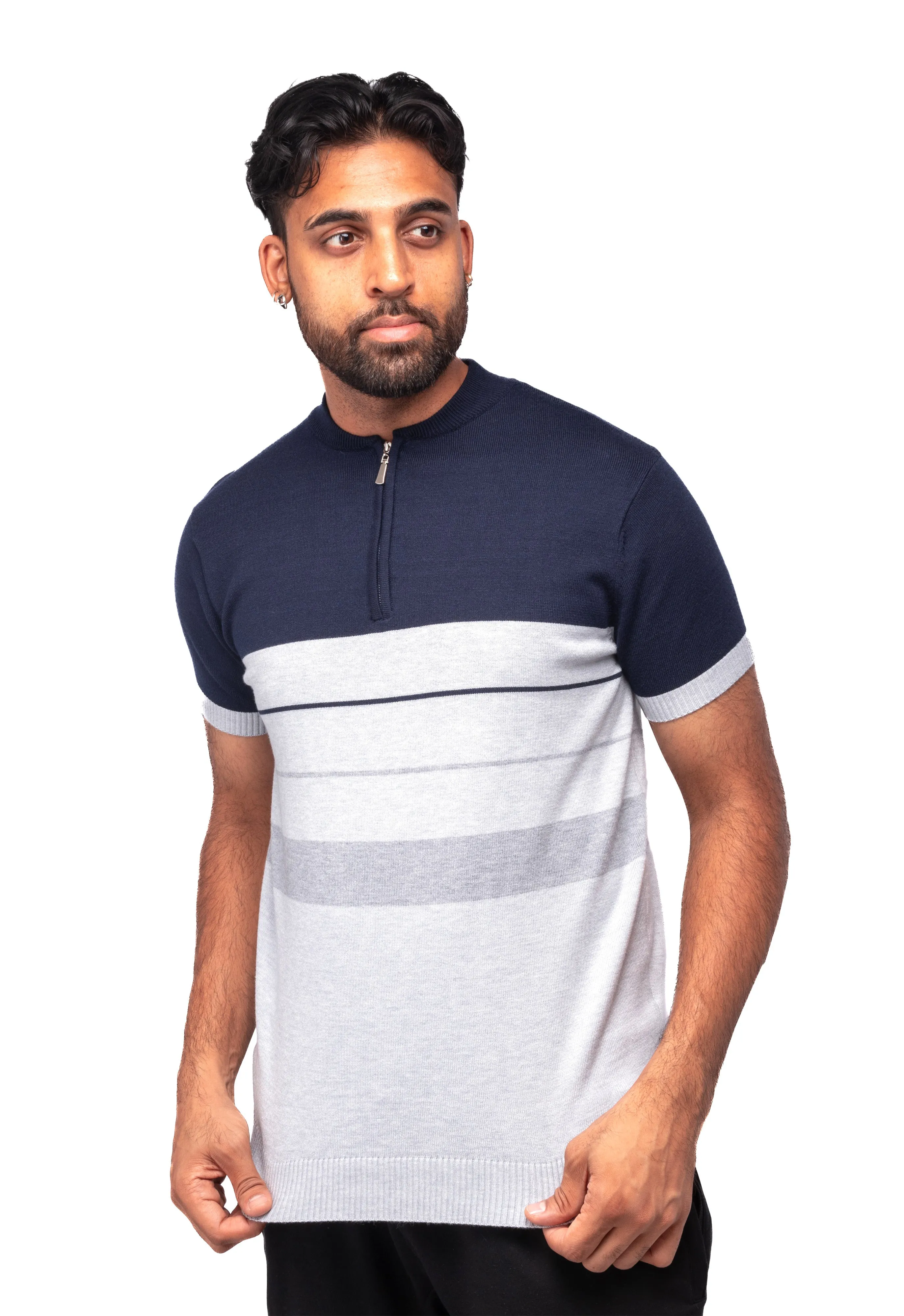 XRAY JEANS Men's Stripe Knit Short Sleeve Polo Sweater