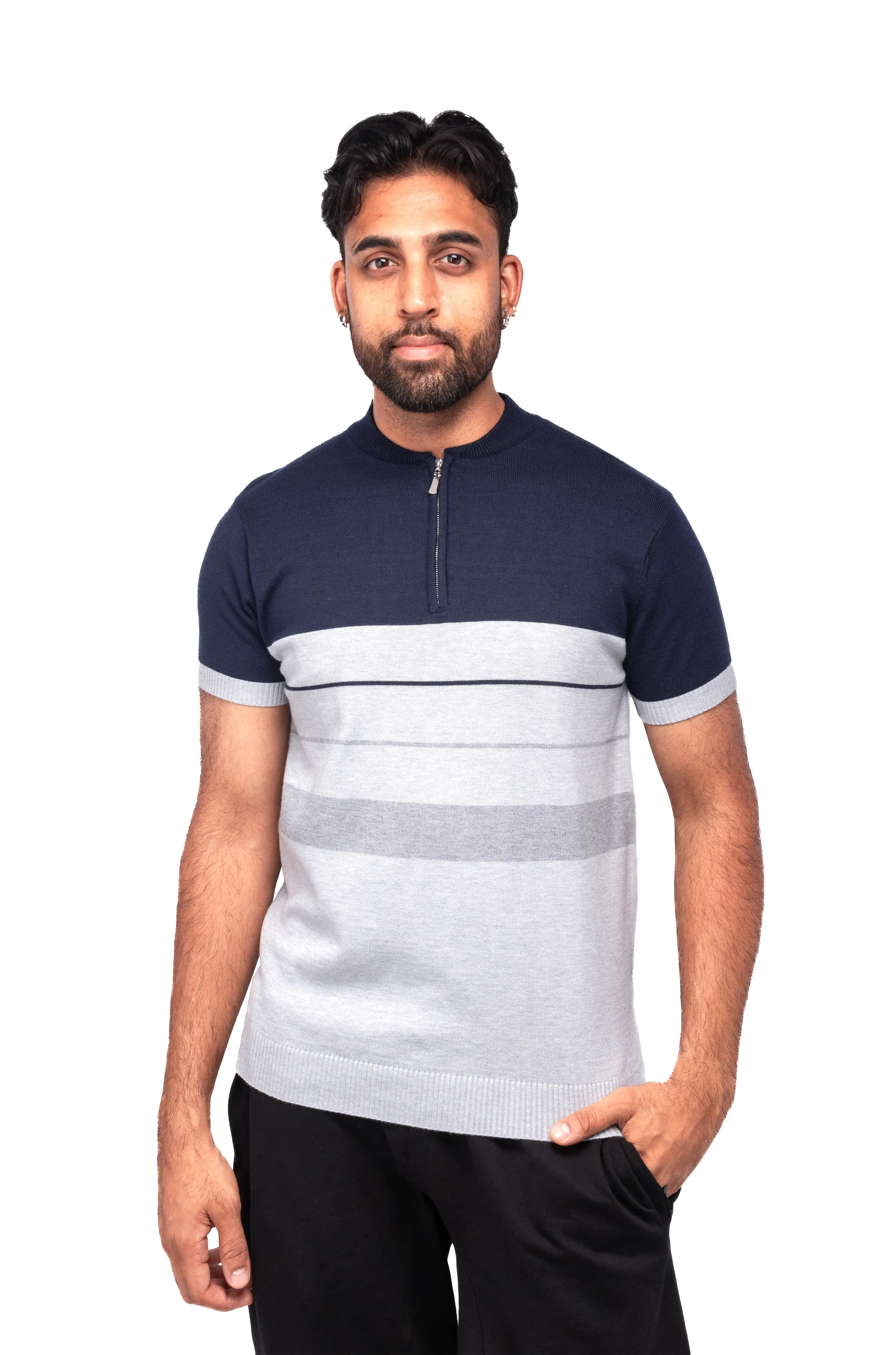 XRAY JEANS Men's Stripe Knit Short Sleeve Polo Sweater