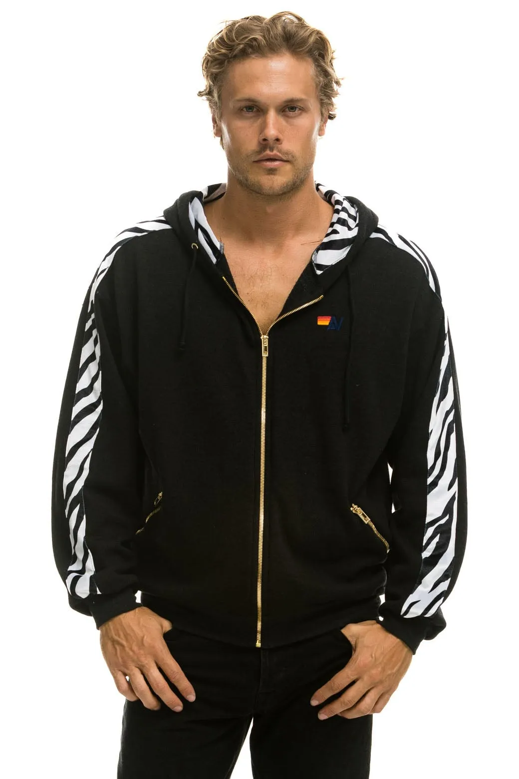 ZEBRA STRIPE RELAXED ZIP HOODIE WITH POCKETS - BLACK // ZEBRA