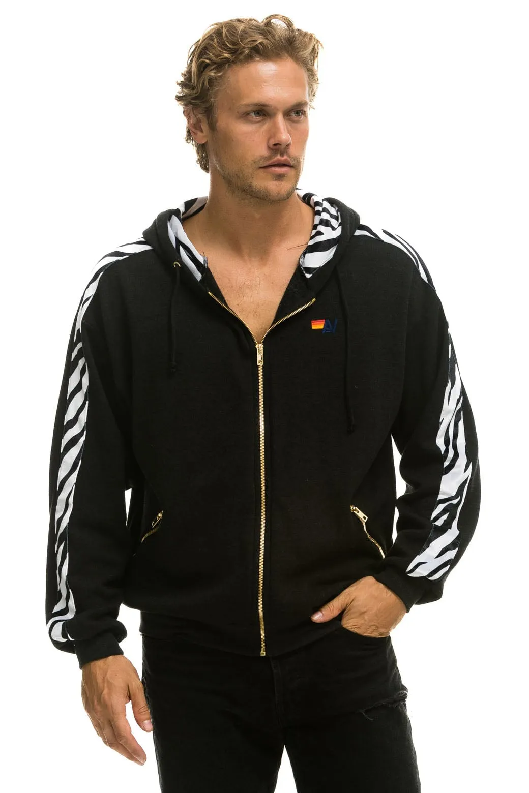 ZEBRA STRIPE RELAXED ZIP HOODIE WITH POCKETS - BLACK // ZEBRA