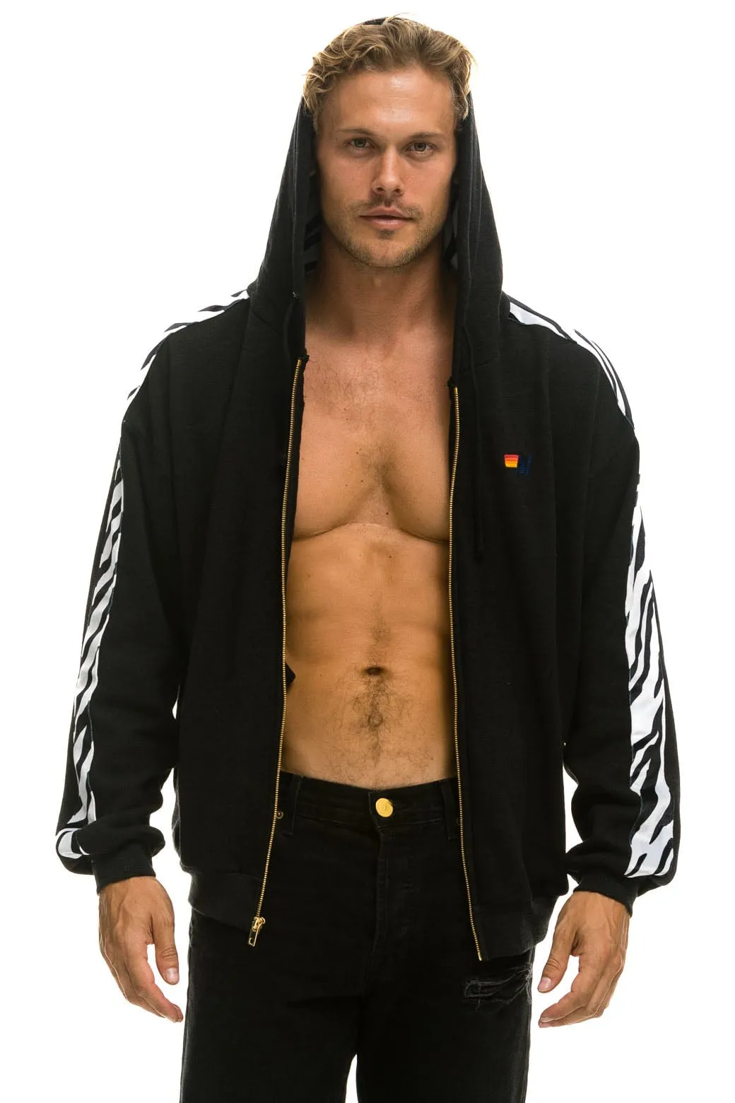 ZEBRA STRIPE RELAXED ZIP HOODIE WITH POCKETS - BLACK // ZEBRA