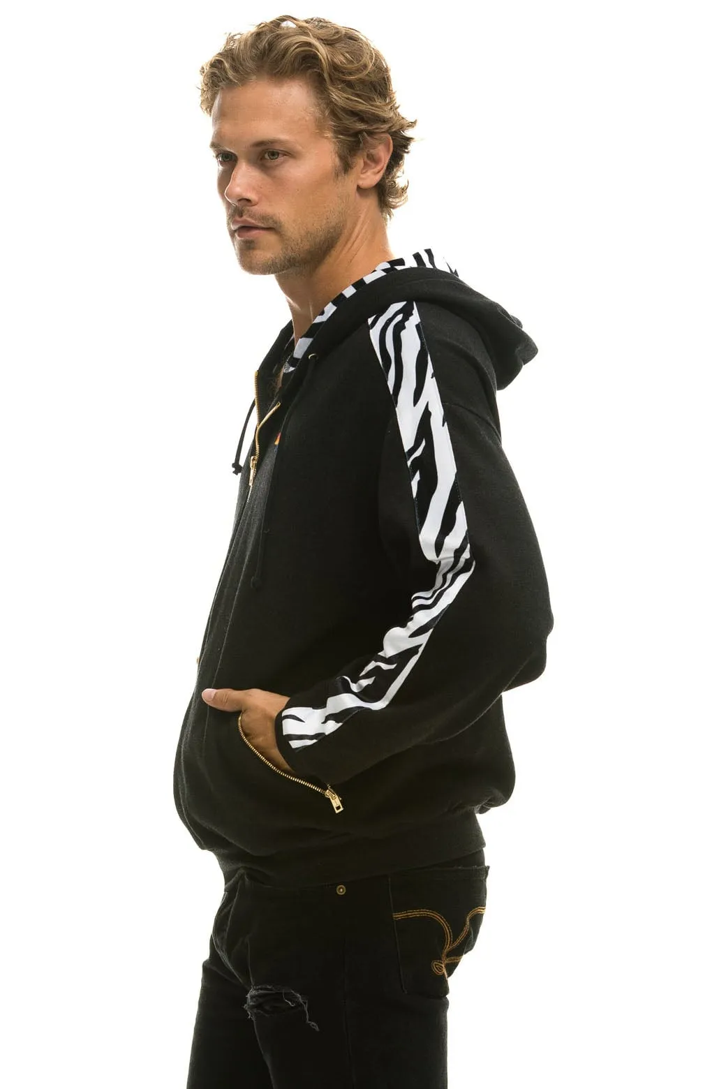 ZEBRA STRIPE RELAXED ZIP HOODIE WITH POCKETS - BLACK // ZEBRA