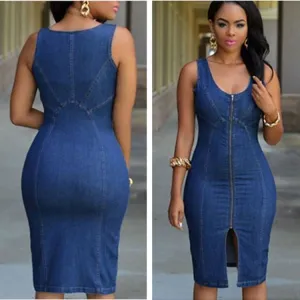 Zip Up Front Split Bodycon Denim Tank Dress